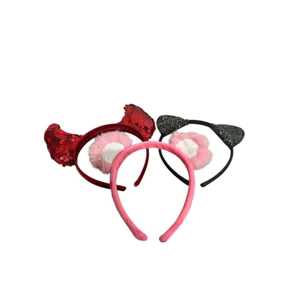 Lot Of 3 Costume Headbands Cat Ears Bear Ears Devil Horns Sequin Fur
